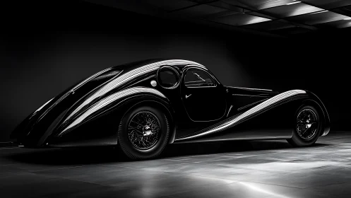 Sleek vintage black coupe glides under soft studio lights