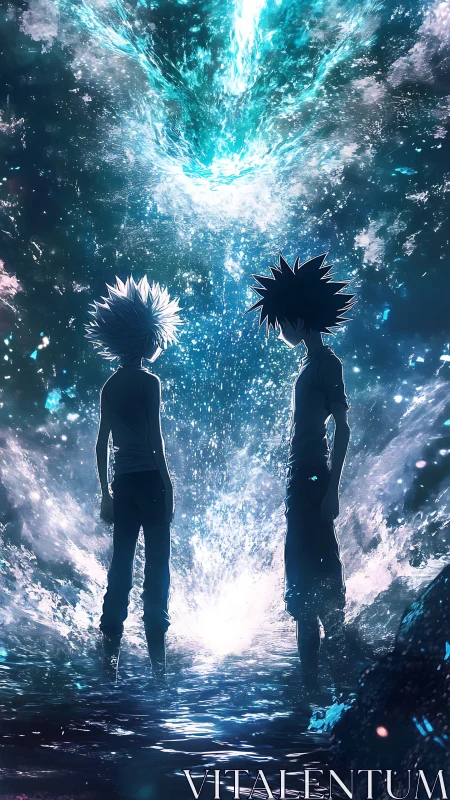 Celestial vortex silhouettes under bioluminescent cascade.