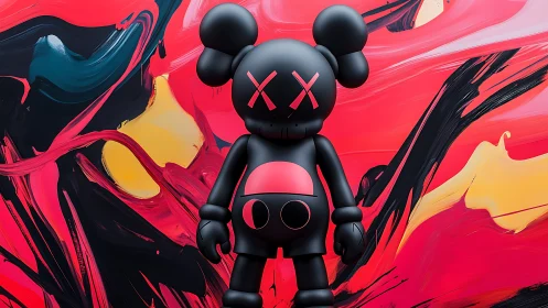 Black vinyl character figure stands before abstract red art