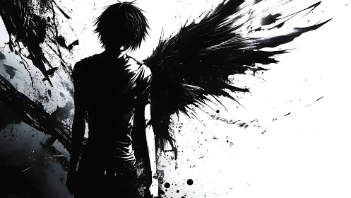 Silhouetted winged figure with abstract ink splatter forms.