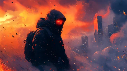 Hooded figure surveys burning futuristic city under ash