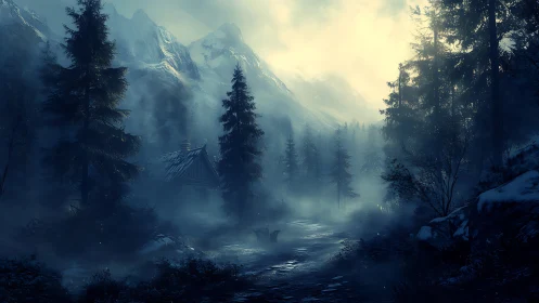 Misty alpine forest cabin under dawn light in winter.