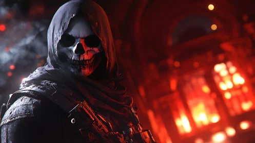 Hooded skull-masked soldier in front of burning structure.