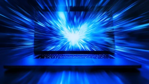 Laptop screen emits radial blue data burst in motion blur