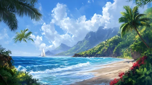 Tropical Coastline with Sailboat: Dimensional Landscape Rendering