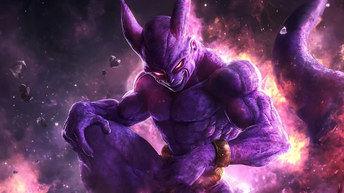 Cosmic demon warrior coils within a storm of violet fire.