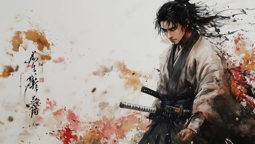 Solitary samurai stands amid calligraphic ink and splashes.