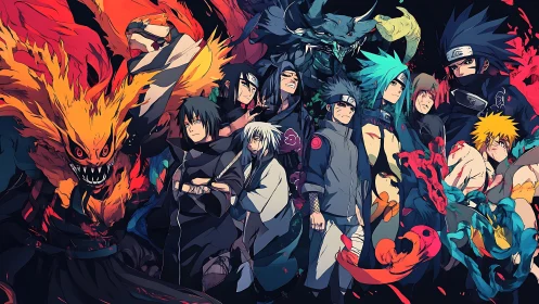 Dynamic anime ensemble uniting heroes, villains and spectral beasts