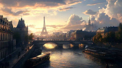 Sunset city river view with tower and bridge skyline.