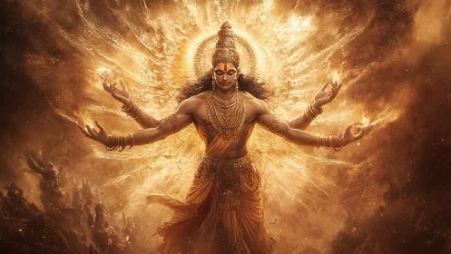 Golden multi-armed deity radiates cosmic divine energy