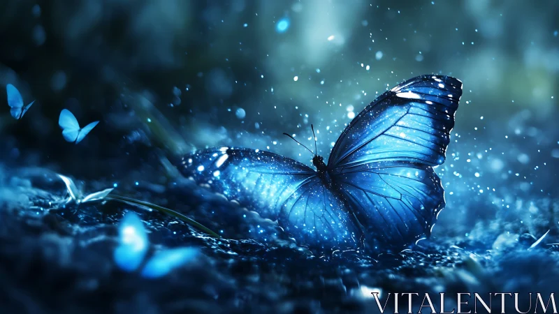 Luminous blue butterfly rests in glowing midnight rain
