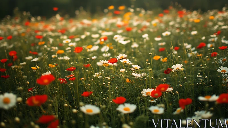 Wildflower Meadow: Red, White, Orange Blooms in Natural Focus.