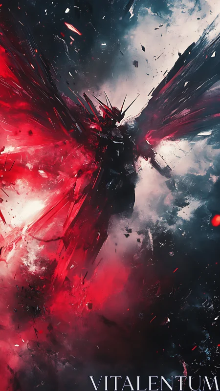 Armored angel rises through crimson storm and shattered light