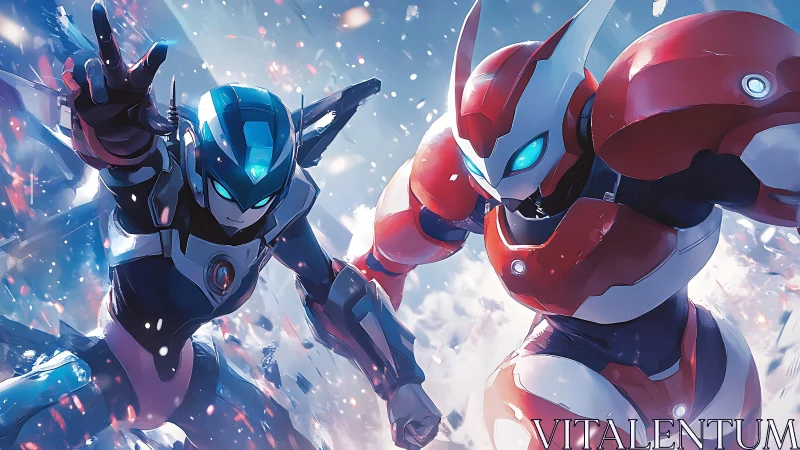 Dual mechs launch blazing assault through icy battlefield.