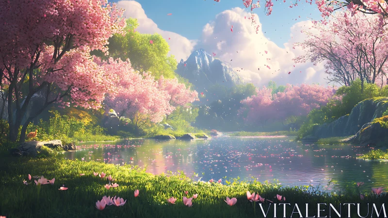 Spring valley lake reflects pink cherry blossom trees