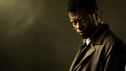 Serious man in trench coat under moody dramatic lighting.