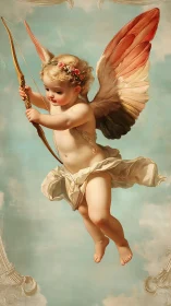 Neoclassical digital cherub study with bow and rose garland.