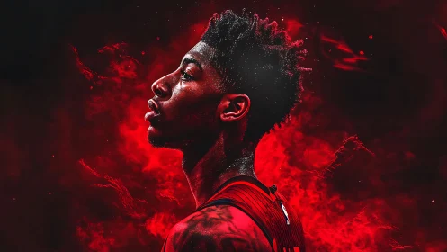 Digital portrait of basketball player in red inferno glow.
