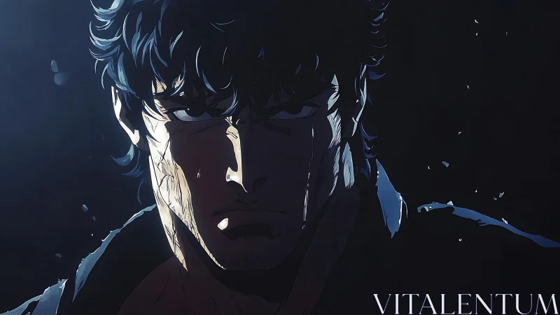 Brooding warrior in stark shadow and glints of blue light.