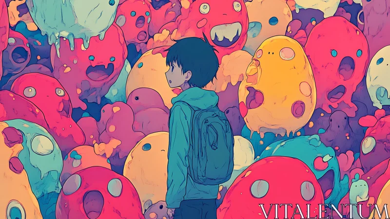 Boy wandering through luminous blob creatures in dreamscape.
