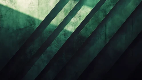 Green diagonal beams carve textured abstract light field.