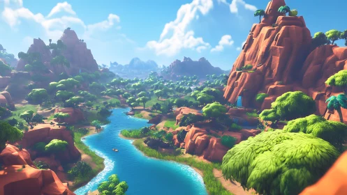 Stylized canyon river valley with lush foliage and red cliffs