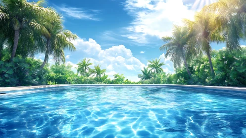 Sunlit tropical pool shimmers beneath bright blue skies