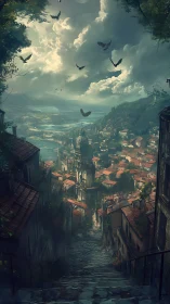 Dramatic hillside city descends to a misty river bay