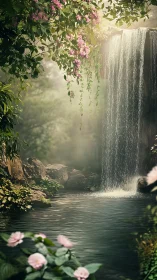 Sunlit garden waterfall cradled by soft pink blooms.