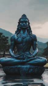 Serene blue Shiva statue seated in lotus posture outdoors.