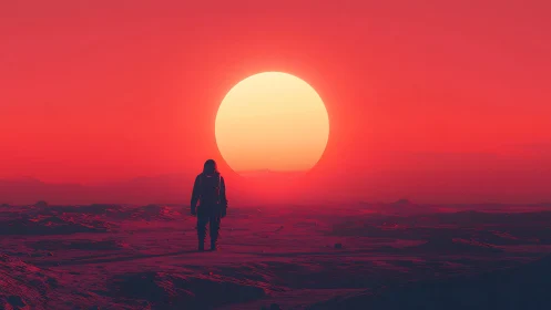 Solitary astronaut silhouetted against oversized red sun