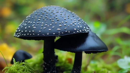 Black mushrooms with speckled caps in soft forest focus.