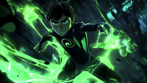 Young male hero with green energy aura in dynamic pose.