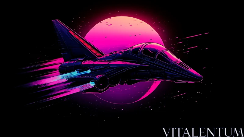 Neon starfighter streaks past pink sci fi planet at speed.