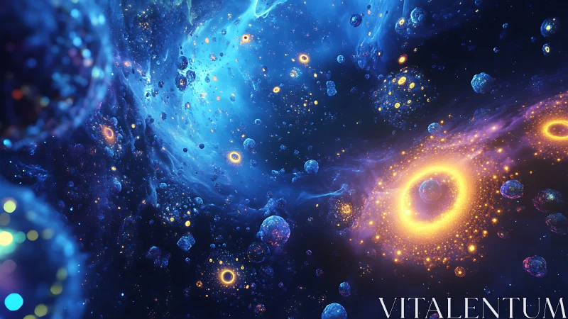 Cosmic nebula landscape glows with swirling golden orbits