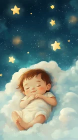 Sleeping baby on glowing cloud under soft starlit sky