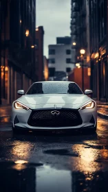 Modern silver sedan is parked on wet urban street at dusk