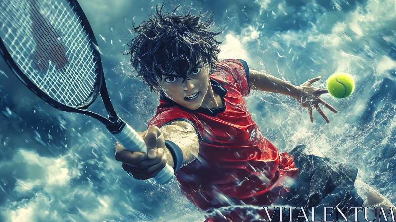 Storm-charged tennis hero diving through wild, bright rain.