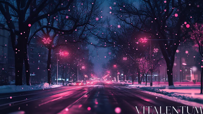 Neon-lit winter boulevard with cinematic depth of field effects.
