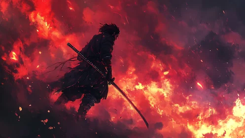 Lone samurai strides through a burning, war-torn horizon