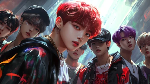 Urban youth crew stand confident under bright alley light.