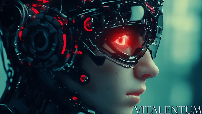 Cyborg face profile shows illuminated red cybernetic eye