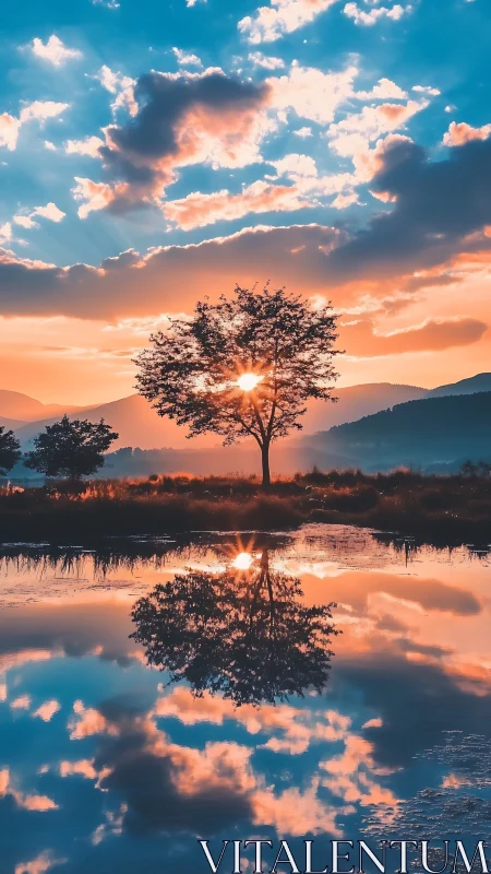 Lone lakeside tree mirrored in vivid sunset clouds.