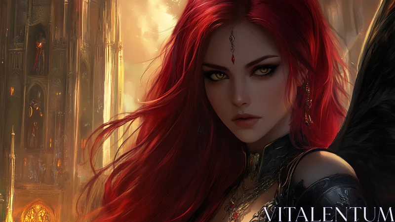 Ember‑eyed fallen angel before a burning gothic citadel.