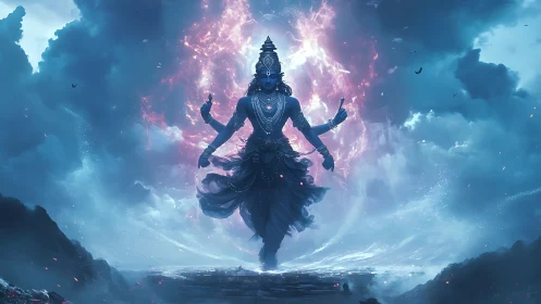 Celestial four-armed deity in stormlit cosmic gateway.