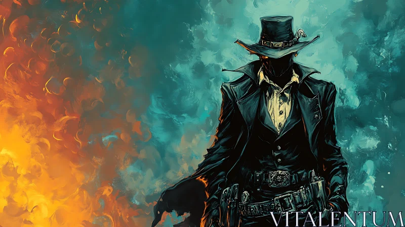 Mysterious gunslinger strides between fire and cool mist