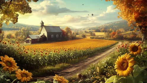 Sunlit agrarian panorama with structured sunflower cultivation.