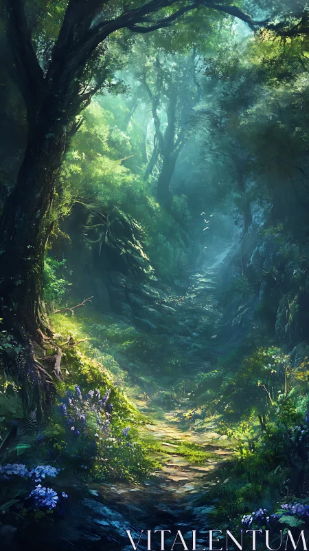 Enchanted Canyon Path: Where Luminous Trees Guard Ancient Stone Passages.