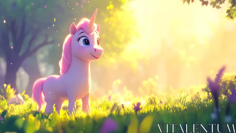 Sunlit pink unicorn dreaming in a glowing forest meadow.