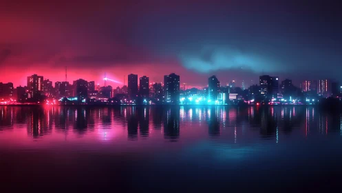 Neon-lit city skyline with reflections across calm water.